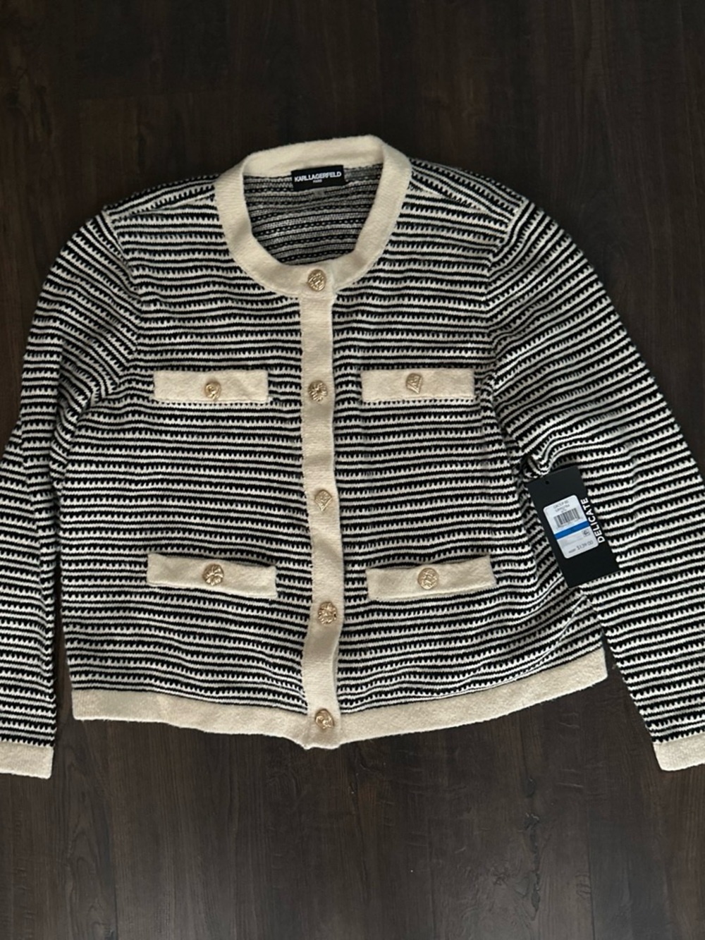KARL LAGERFELD Cream & Black Striped Knit Cardigan